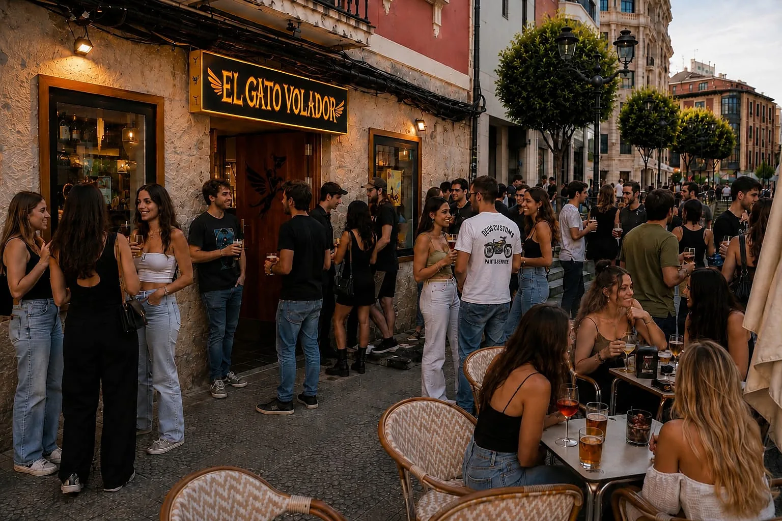 Fachada de El Gato Volador de noche, con el rótulo dorado encendido y la terraza llena de gente