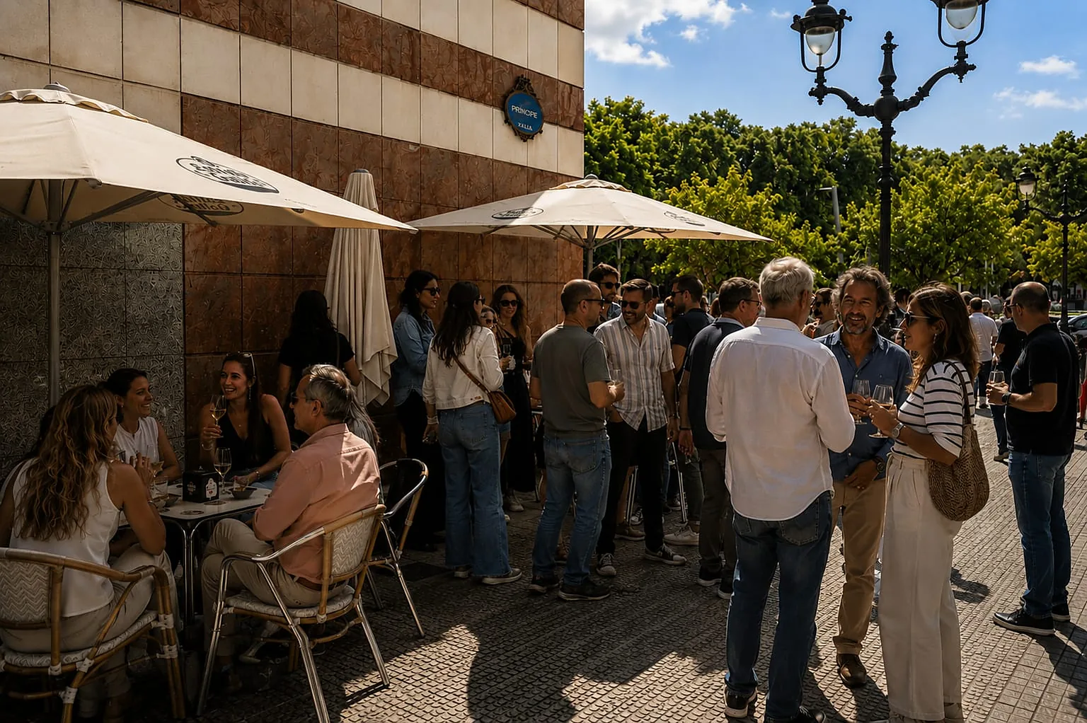 Terraza de El Gato Volador en Printzipe Kalea, con sombrillas y clientes tomando algo de día